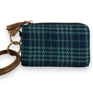 Plaid Wristlet Tassel Fringe Gold Tone Green & Blue